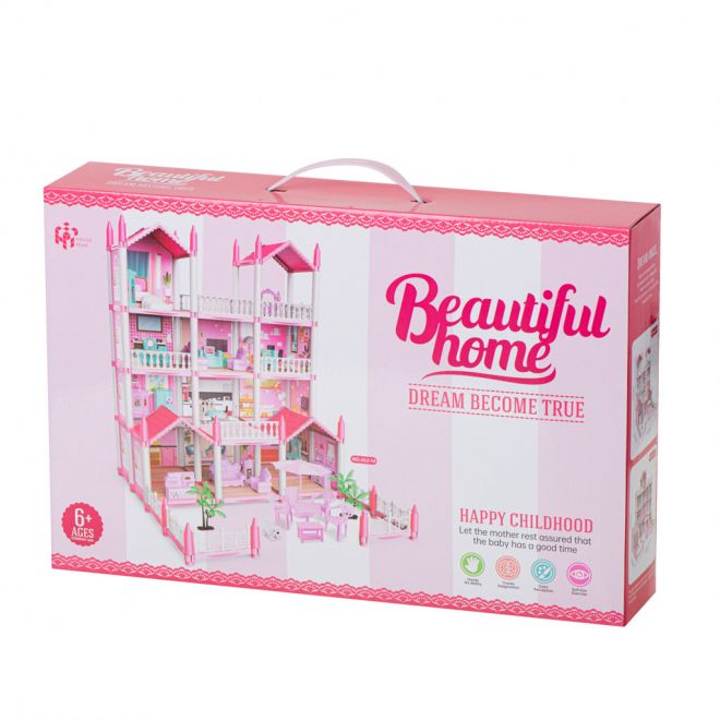 Růžový domeček pro panenky s nábytkem - 61 cm