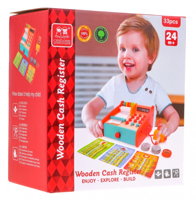 Dřevěná pokladna pro děti 2+ Posuvná zásuvka + Počítadlo + Terminál + Čtečka + Příslušenství