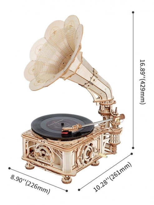 RoboTime 3D dřevěné mechanické puzzle Gramofon (ruční pohon)