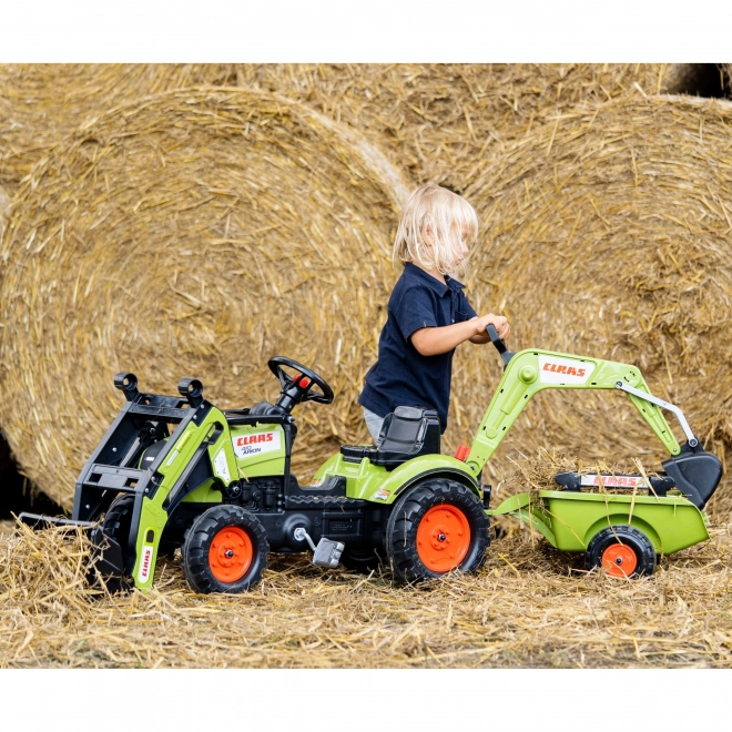 Šlapací traktor Claas Arion 410 s radlicí a zadní lžící a valníkem zelený