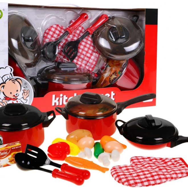 Červená kuchařská sada pro děti 3+ Hrnce + kuchyňské náčiní + figuríny s jídlem 22 el.
