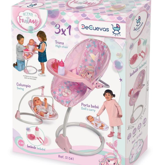 DeCuevas 51541 Multifunkční jídelní židlička a houpačka pro panenky 3 v 1 Ocean Fantasy 2021