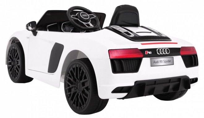 Audi R8 Spyder Baterie Bílá + Dálkové ovládání + EVA + Pomalý start + Rádio MP3 + LED dioda