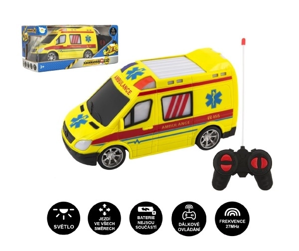 Auto RC ambulance plast 20cm na dálkové ovládání 27MHz na baterie se světlem v krabici 28x13x11cm