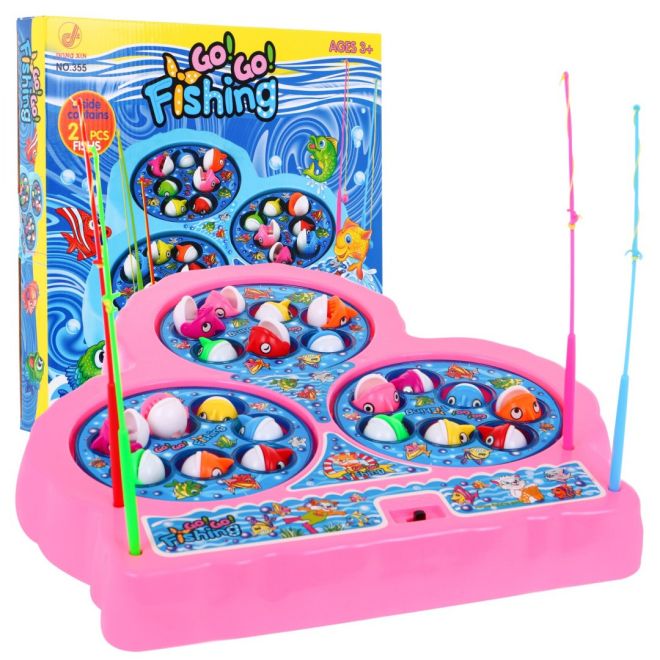 Arkádová hra Chytání ryb pro děti 3+ růžová + 21 barevných ryb + 4 rybářské pruty + deska se 3 jezery
