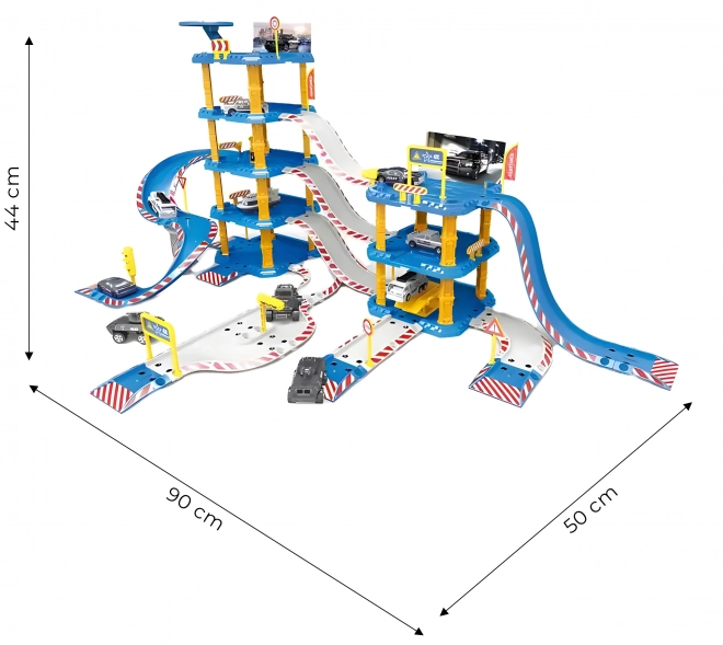 Velká garáž policejní stanice, 4 podlaží, čerpací stanice, 100 prvků