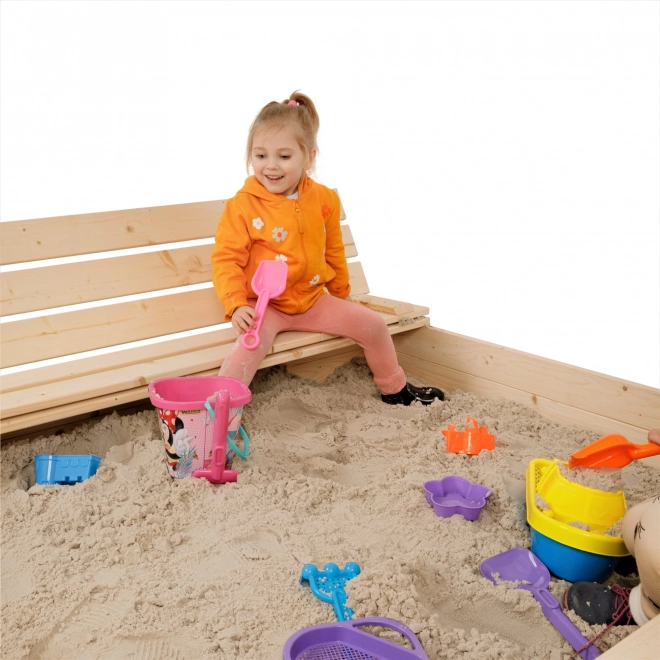 SAND TROPIC Dřevěné pískoviště s lavičkami a příslušenstvím 120x120cm (přírodní)