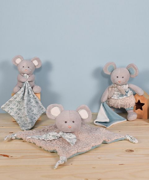 Doudou Plyšová myška s dečkou z  BIO bavlny 22 cm