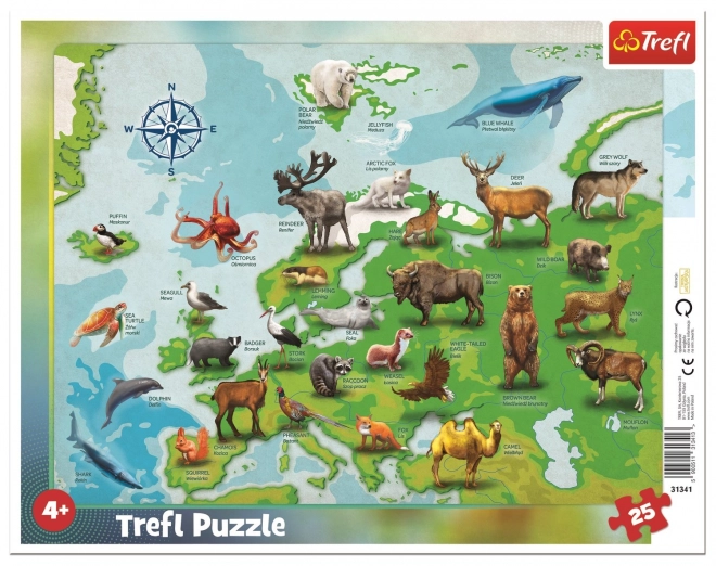 TREFL Puzzle Mapa Evropy se zvířátky 25 dílků