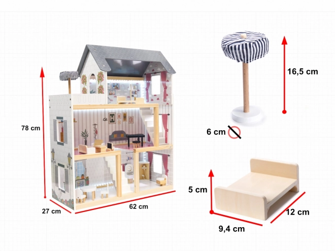 Dřevěný domeček pro panenky s nábytkem a LED osvětlením - 78 cm