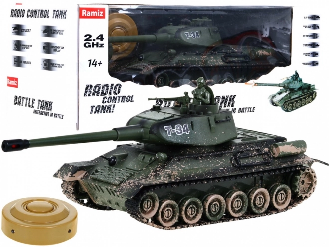 Dálkově ovládaný tank T-34 pro děti 3+ Střílející kamuflážní model 1:28 + Velká tanková bitva + Světelné zvuky