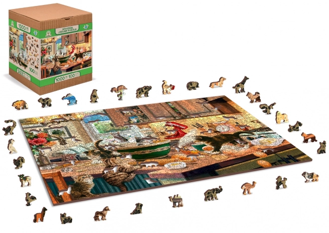 WOODEN CITY Dřevěné puzzle Neposedná koťátka v kuchyni 2v1, 1010 dílků EKO