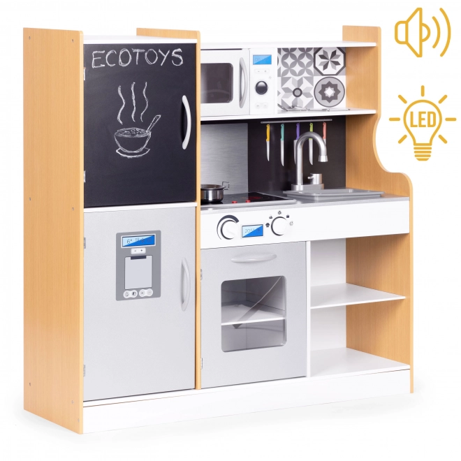 Dětská kuchyňka se zvukem a LED tabulí kovové doplňky MDF +3 roky ECOTOYS