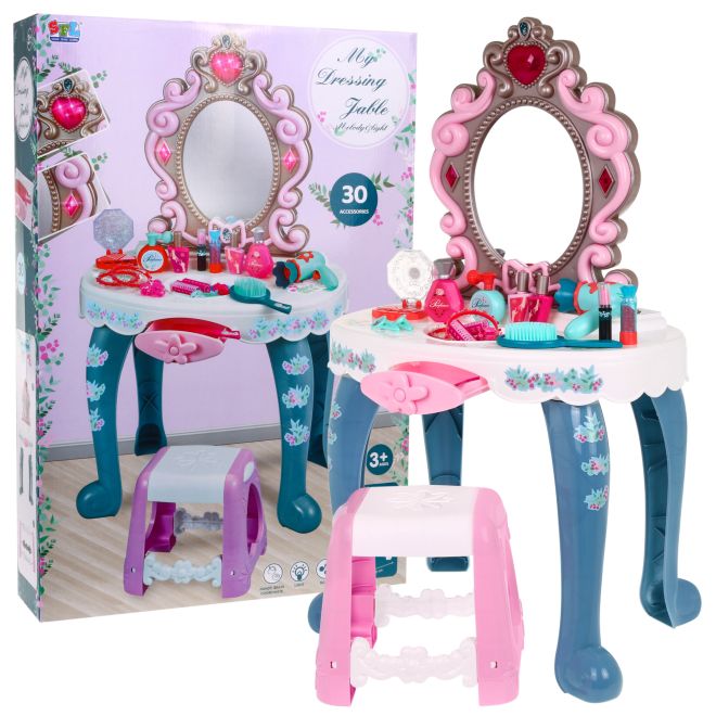 Interaktivní dětský toaletní stolek se zrcadlem a stoličkou pro malé parádnice