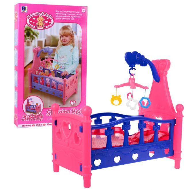 Dětská postýlka pro panenky pro děti 3+ Barevný kolotoč + Povlečení pro panenky + Hrací domeček