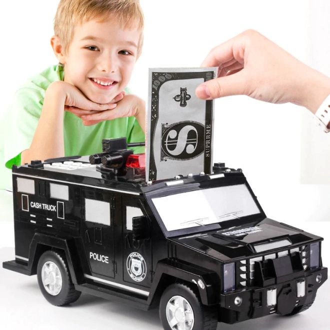 Dětská kasička s heslem a otiskem prstu - policejní auto – Černá