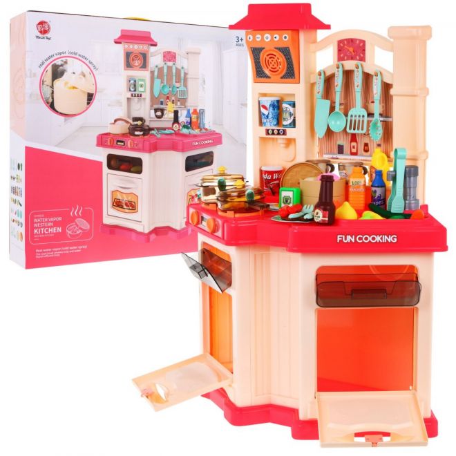Růžová dětská kuchyňka 3+ Rádio + Interaktivní hořák + Parní funkce + Příslušenství