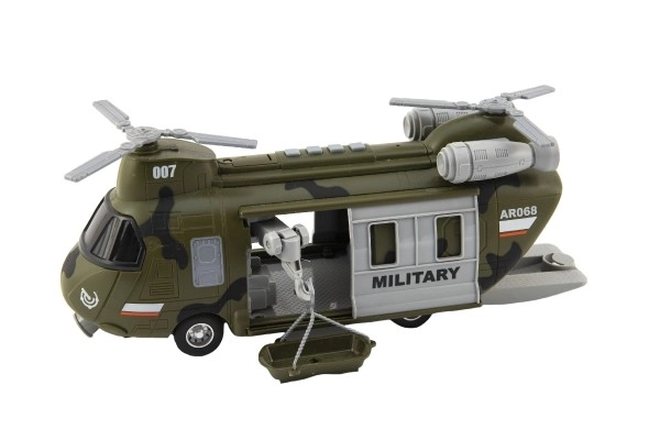 Vrtulník/Helikoptéra vojenská plast 28cm na baterie se světlem se zvukem v krabici 32x19x12cm