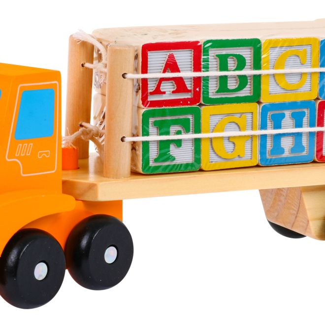Dřevěný náklaďák s přívěsem a kostkami pro děti 2+ Vzdělávací hračka + kostky s písmeny a čísly