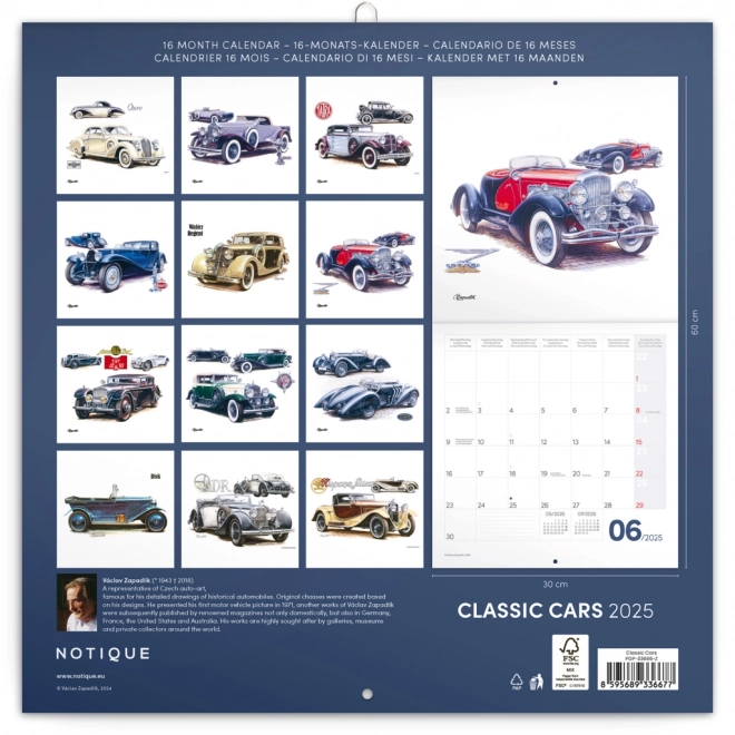 NOTIQUE Poznámkový kalendář Classic Cars – Václav Zapadlík, 2025, 30 x 30 cm