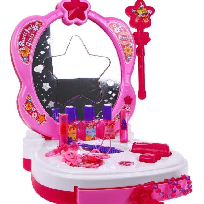 Interaktivní přenosný toaletní stolek pro dívky 3+ Zrcadlo + kosmetika + příslušenství