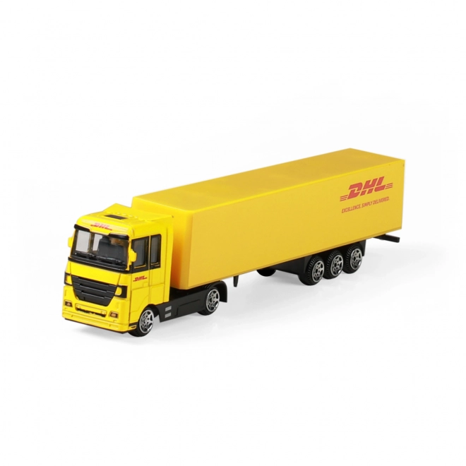 Auto kamion s návěsem DHL plast 19cm na volný chod v krabičce 20x6x4cm