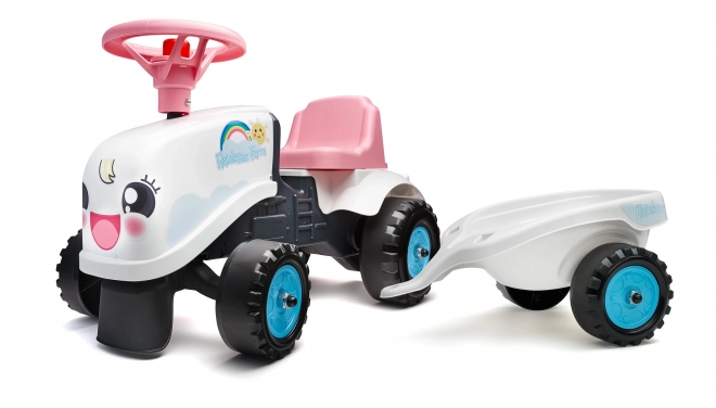 Odstrkovadlo - traktor Rainbow bílo/růžový s volantem a valníkem