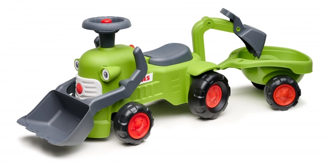 Jezdicí traktor Claas s přívěsem, nakladačem a lžící