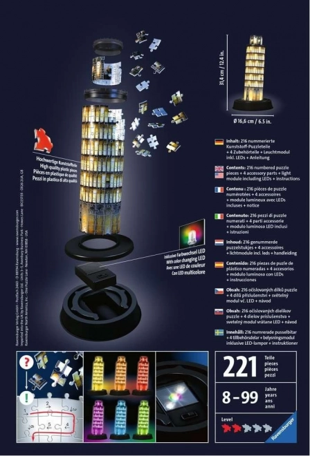 RAVENSBURGER Svítící 3D puzzle Noční edice Šikmá věž v Pise 216 dílků