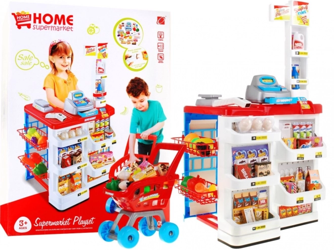 Dětský interaktivní supermarket s nákupním košíkem 24 dílů – Červený