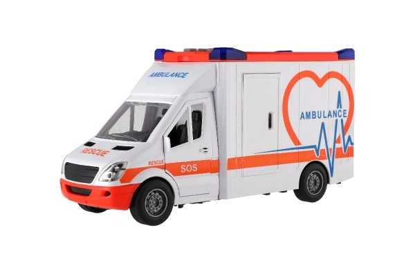 Auto ambulance plast 28cm s lehátkem na setrvačník se světlem se zvukem v krabici 39x18x12cm