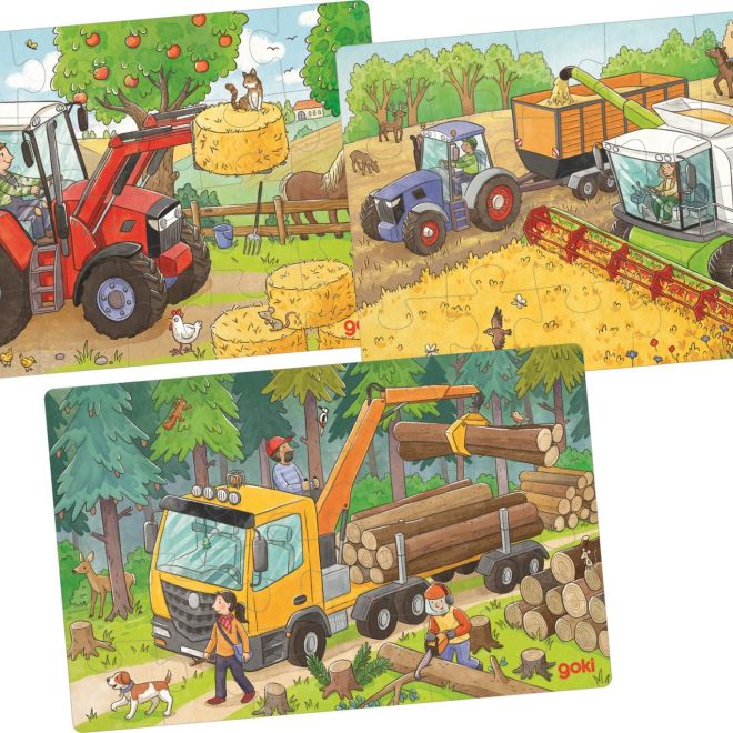GOKI Dřevěné puzzle Zemědělské stroje 3x24 dílků