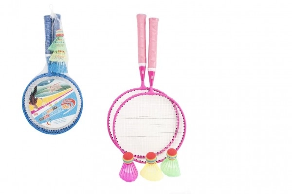 Badminton sada dětská kov/plast 2 pálky + 3 košíčky 2 barvy v síťce 23x45x6cm