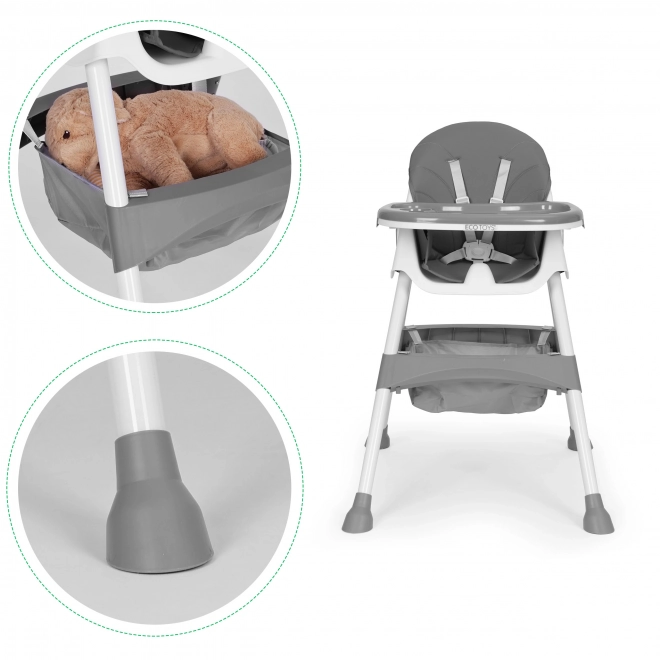 Dětská jídelní židlička s podnosem a košíkem, pětibodovým pásem, šedá, ECOTOYS