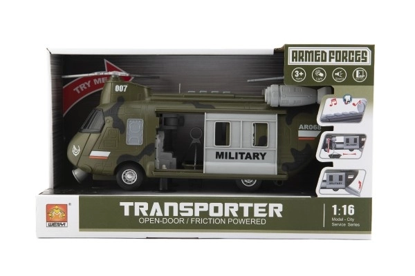 Vrtulník/Helikoptéra vojenská plast 28cm na baterie se světlem se zvukem v krabici 32x19x12cm