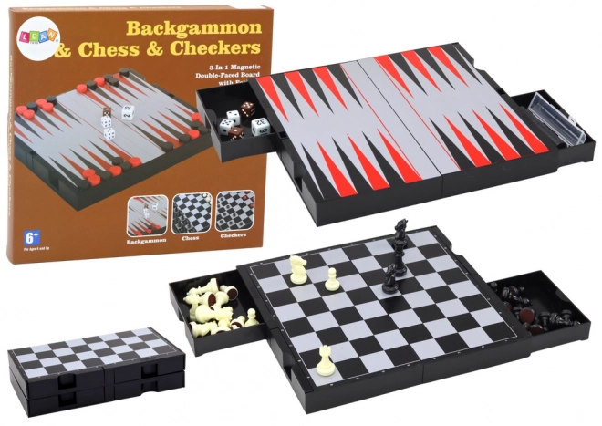 Herní sada 3 v 1 Magnetická deska Šachy Dáma Backgammon