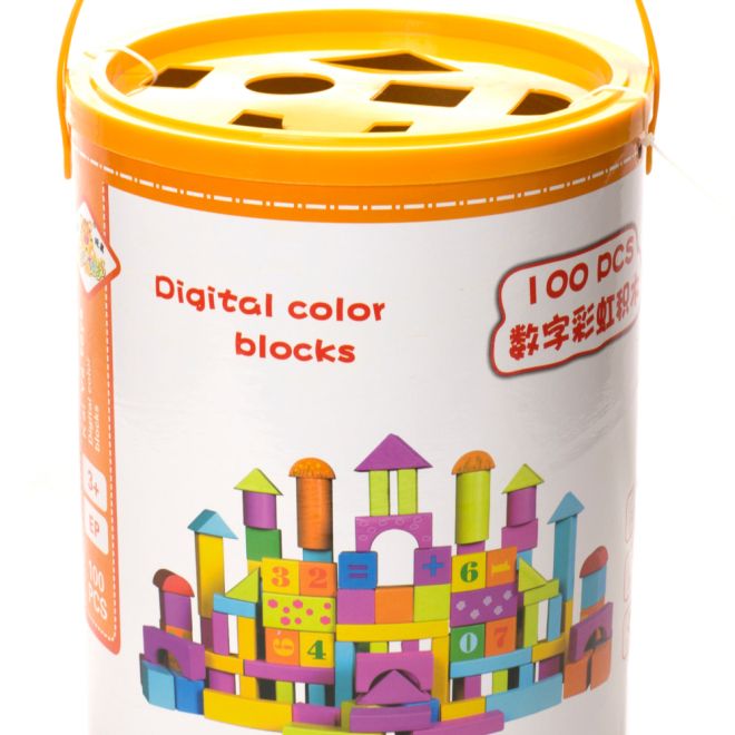 Dřevěné barevné kostky v kbelíku - 100 kusů
