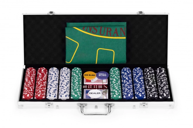 Blackjack Poker Set 500 žetonů 2 balíčky karet Hrací podložka Uzamykatelné pouzdro na přenášení