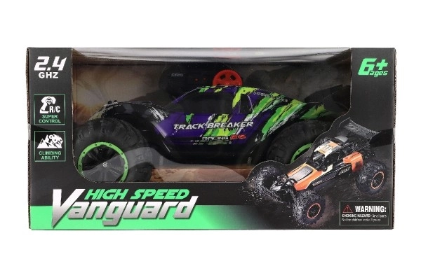 Auto RC Buggy rychlostní 2,4GHz plast 40cm dobíjecí pack+baterie fialové v krabici 42x21x28cm