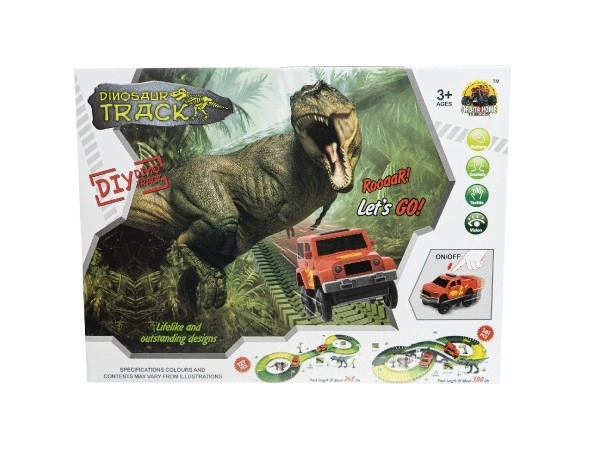 Dráha dino + auto 10x5cm plast 141ks na baterie s doplňky v krabici 35x27x6cm