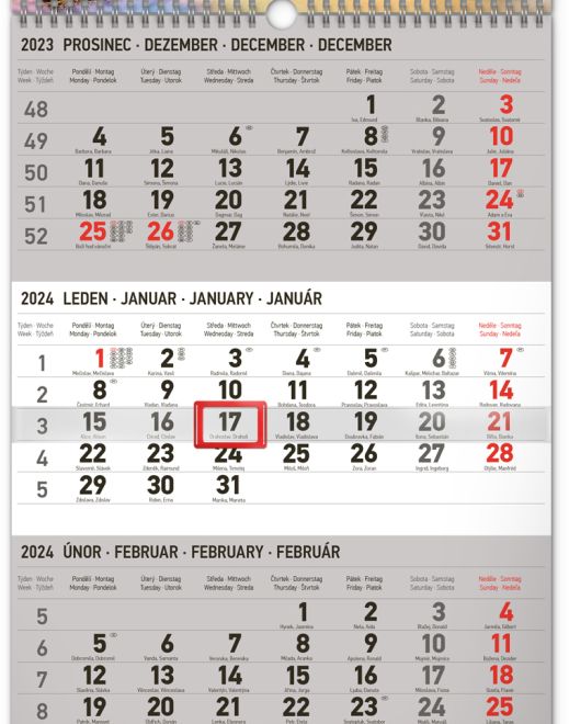 Nástěnný kalendář 3měsíční Spedice šedý – s českými jmény 2024, 29,5 × 43 cm