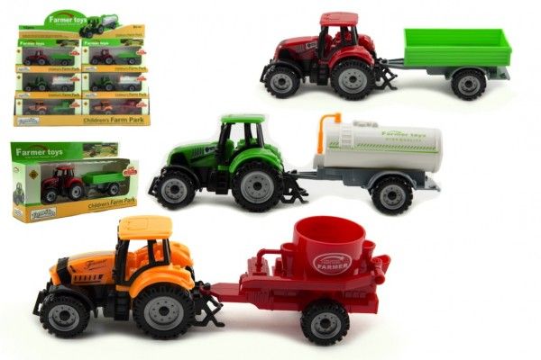 Traktor s přívěsem plast/kov 19cm 3 druhy na volný chod v krabičce 25x13x5,5cm