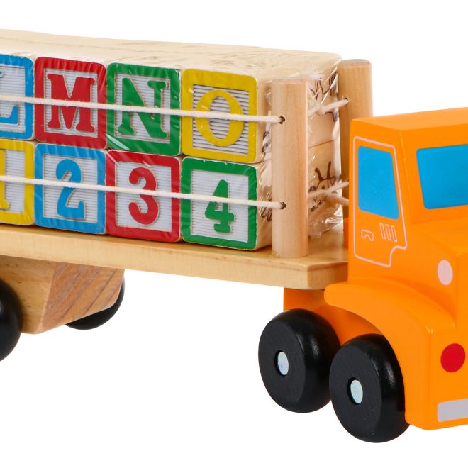 Dřevěný náklaďák s přívěsem a kostkami pro děti 2+ Vzdělávací hračka + kostky s písmeny a čísly
