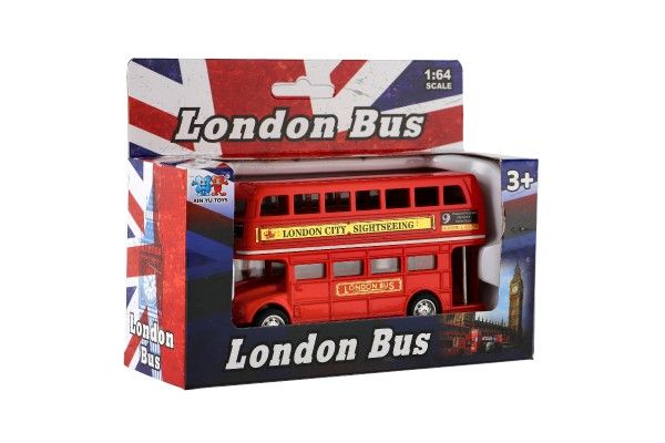 Autobus "Londýn" červený patrový kov/plast 12cm na zpětné natažení v krabičce 17x13,5x6cm