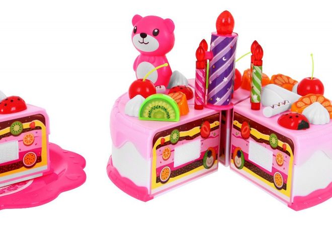 Dětský párty set 3+ růžový Dort + sladkosti + interaktivní svíčka + příslušenství 80 el.