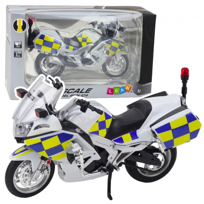 Kovový policejní motocykl s světly a zvuky bílý
