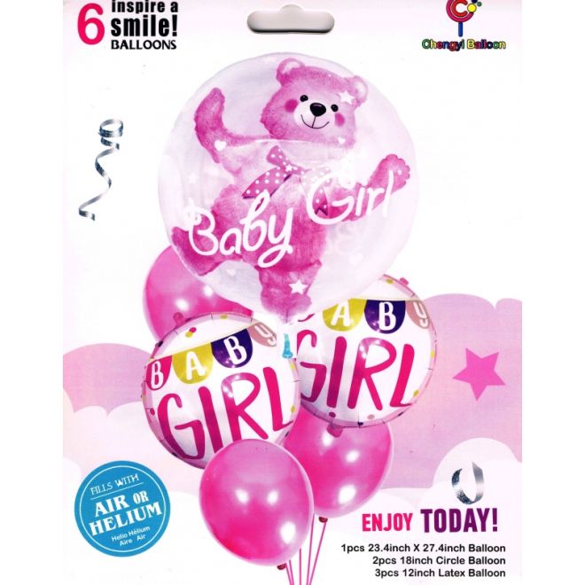Růžové narozeninové balónky s medvídkem pro holčičku - 6 kusů