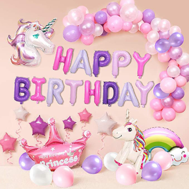 XXL narozeninová sada balónků pro dívku jednorožec a duha - 60 balónků