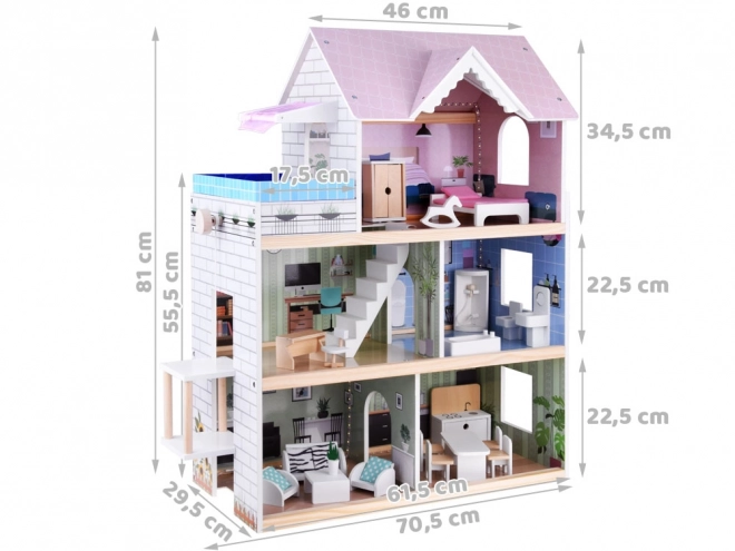 Dřevěný domeček pro panenky s bazénem a LED osvětlením