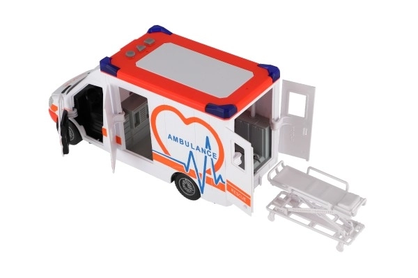 Auto ambulance plast 28cm s lehátkem na setrvačník se světlem se zvukem v krabici 39x18x12cm